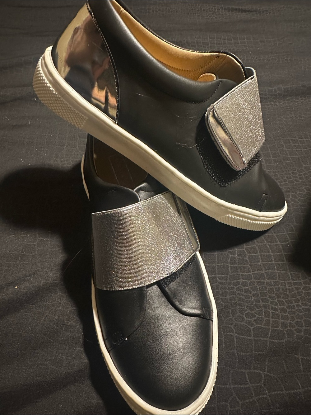 New Black Slip-On Sneakers with Silver Metallic Strap